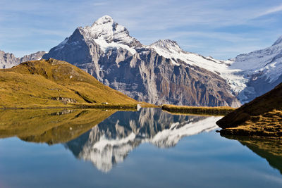 Panoramic view of lake and snowcapped mountains against sky