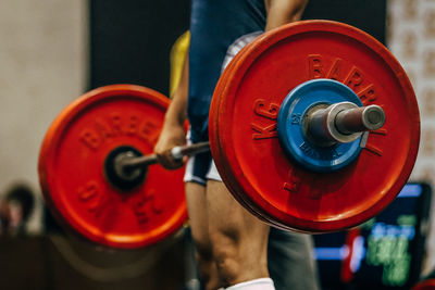 Close-up of dumbbells in gym