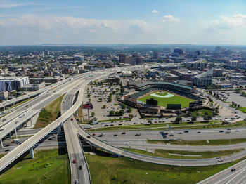 High angle view of cityscape against sky