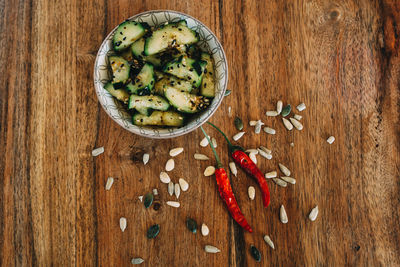 High angle view of vegetables on wood