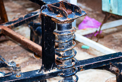 High angle view of rusty metal railing