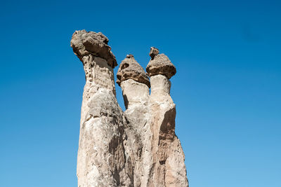 Low angle view of rock formation against clear blue sky