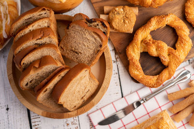 High angle view of breakfast served on table