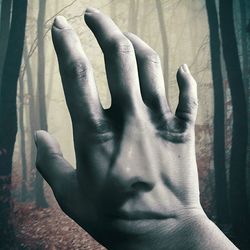 Digital composite image of face on hand against trees in forest