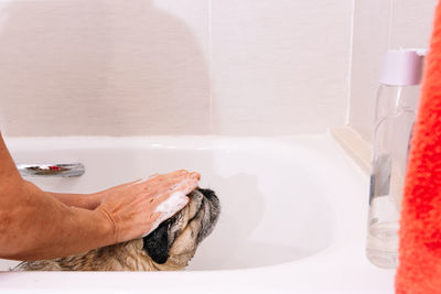 Midsection of man in bathroom at home