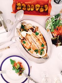 High angle view of meal served on table