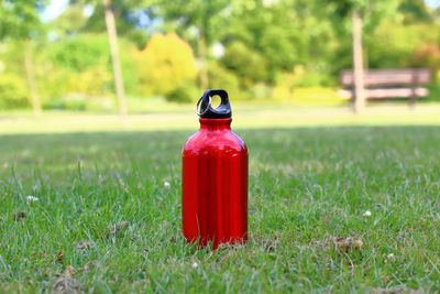 Close-up of insulated drink container on grassy field in park