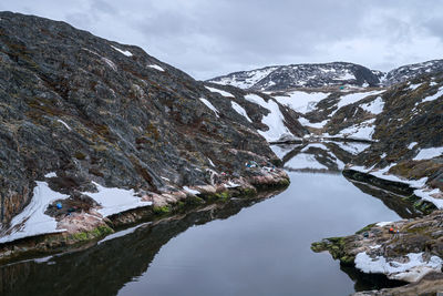 Scenic view of snow covered mountains against cloudy sky