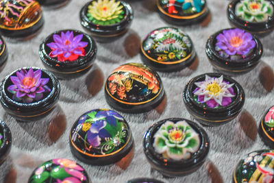 High angle view of various flowers on table