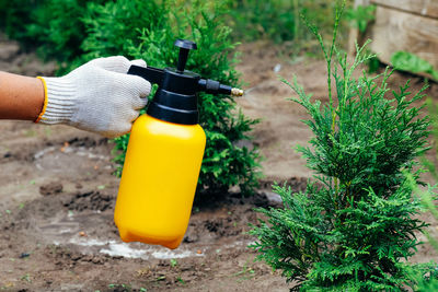 Cropped hand of person watering plant outdoors