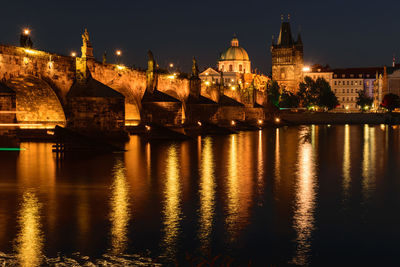 Reflection of illuminated buildings in water at night