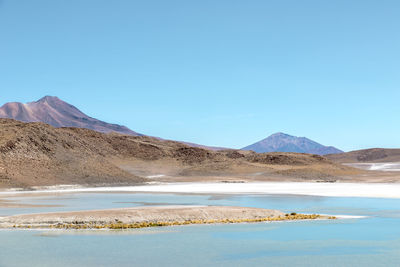 Scenic view of mountains against clear blue sky