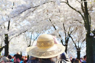 Rear view of woman wearing sun hat at park
