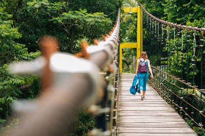 Rear view of children playing on footbridge in park