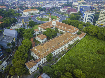 High angle view of buildings in city