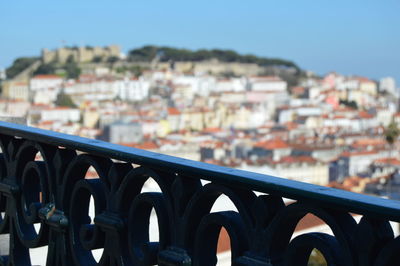 Close-up of cityscape against clear sky