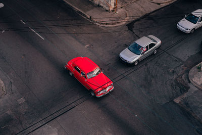 High angle view of toy car on road