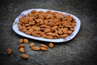 High angle view of cookies in bowl on table