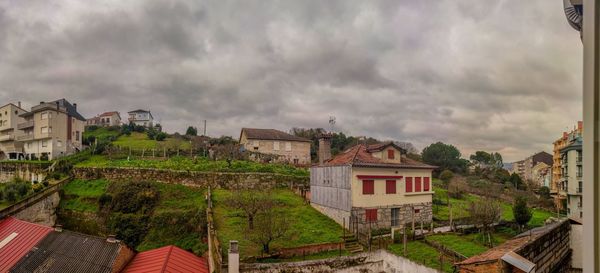 Buildings against cloudy sky