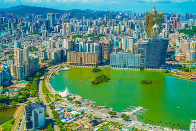 High angle view of buildings in city