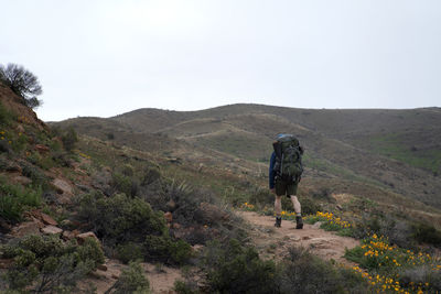 Man walks a rugged trail in the superstition mountains of arizona