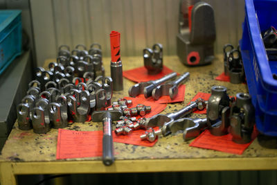 High angle view of tools on table