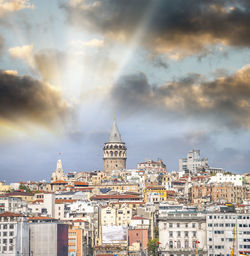 View of buildings in city against cloudy sky