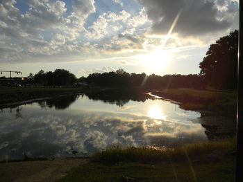 Scenic view of calm lake against sky during sunset