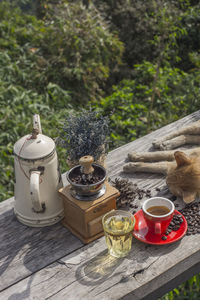 View of tea cup on table against trees