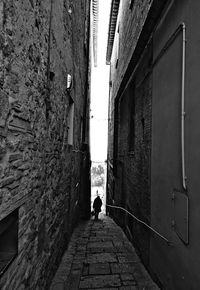 Rear view of a man walking on cobblestone street