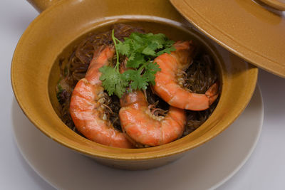 High angle view of seafood in bowl on table