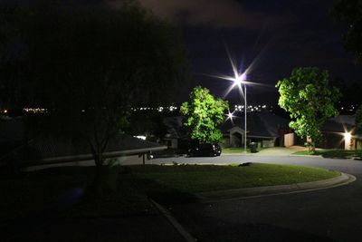 Illuminated street light against sky at night