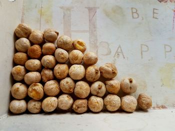 Stack of fruits against wall