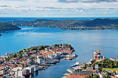 High angle view of townscape by sea