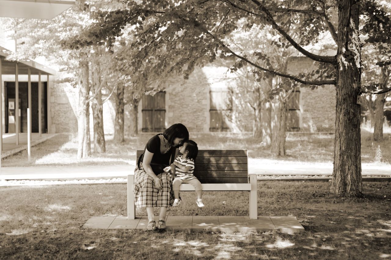 full length, tree, rear view, sitting, lifestyles, leisure activity, built structure, architecture, building exterior, casual clothing, bench, person, men, park - man made space, relaxation, day, standing, tree trunk