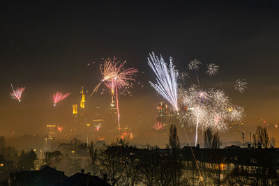 The frankfurt skyline with firework at new years eve