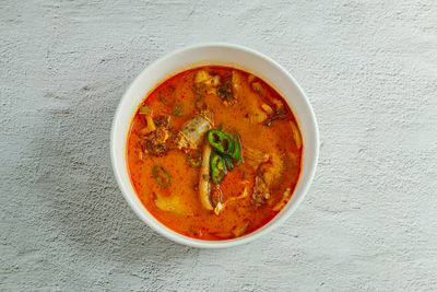 High angle view of soup in bowl on table