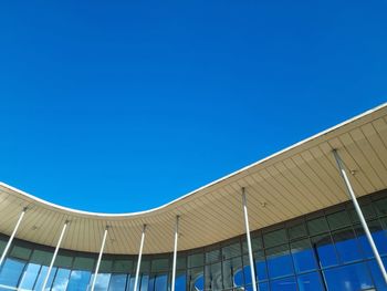 Low angle view of modern building against clear blue sky