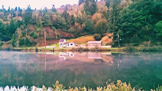 water, tree, lake, reflection, tranquil scene, tranquility, mountain, nature, beauty in nature, scenics, built structure, building exterior, house, architecture, growth, plant, green color, forest, river, non-urban scene