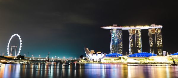 Illuminated ferris wheel in city at night