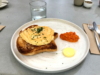 High angle view of breakfast served on table