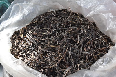 High angle view of dried tea leaves