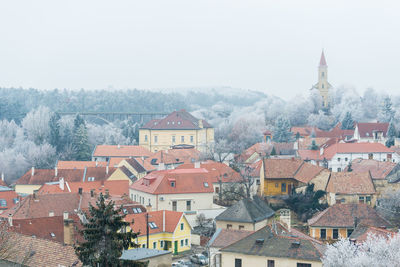 Houses against trees and mountains against clear sky