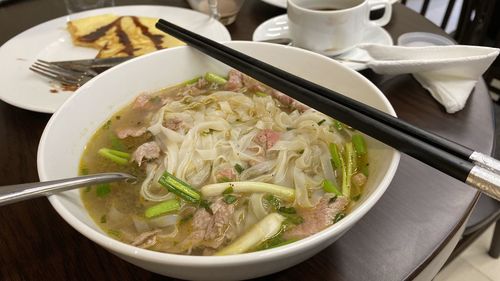 High angle view of soup in bowl on table