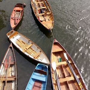 High angle view of boats moored in lake