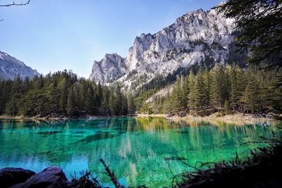 Scenic view of lake and mountains against sky