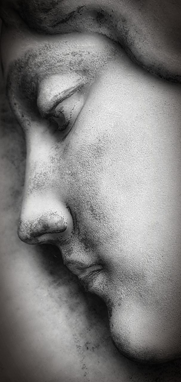 black and white, close-up, monochrome, monochrome photography, human face, human head, adult, one person, black, portrait, women, white, young adult, nose, indoors, eyes closed, sadness, emotion, human eye, female, human skin, statue, headshot, depression - sadness, skin, contemplation, drawing, lifestyles, person, studio shot, sculpture