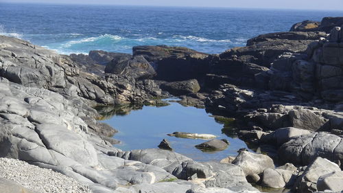 Scenic view of sea and rocks against sky