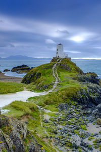 Lighthouse by sea against sky