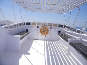 Low angle view of ship sailing in sea against sky